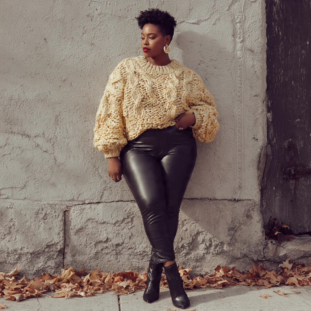 20 Best Curvy Fall Outfits to Rock This Season 14 Curvy Fall Outfits: Statement Sweater and Leather Leggings