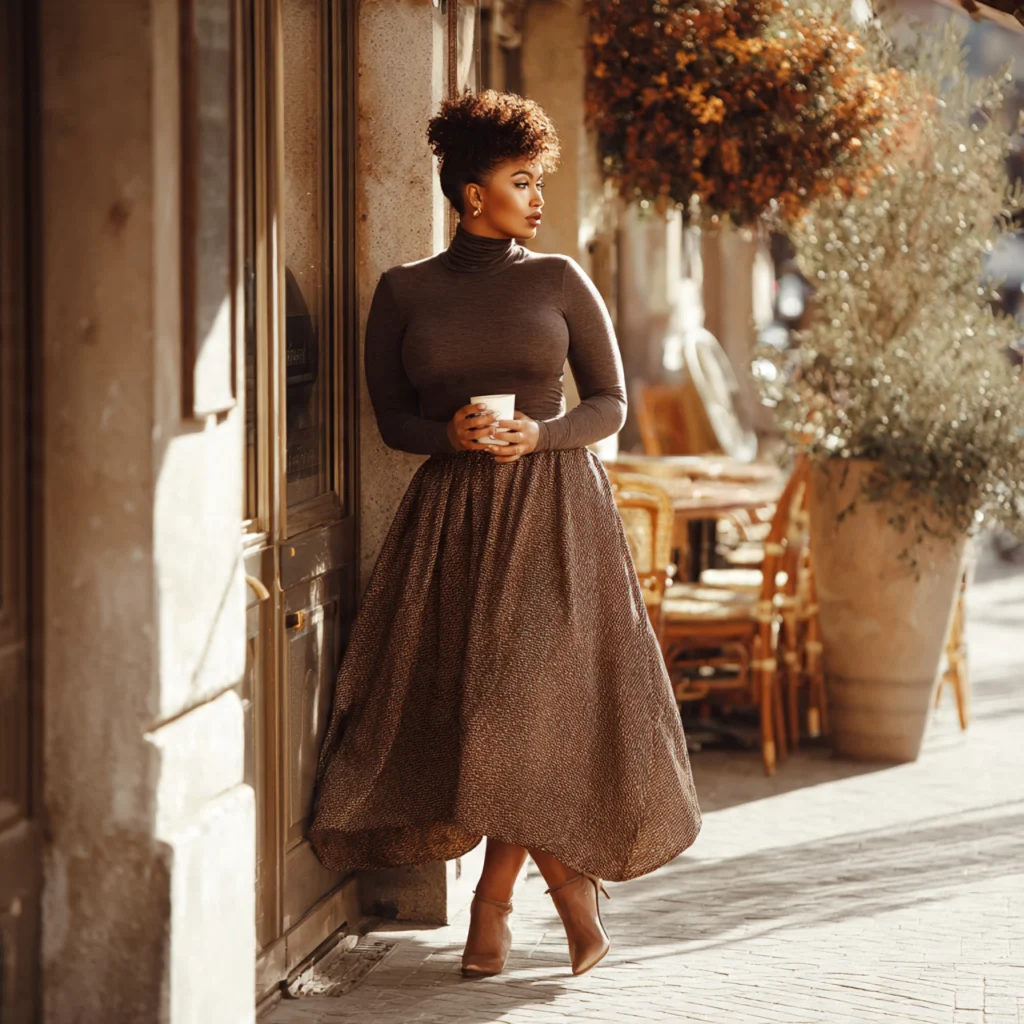 20 Best Curvy Fall Outfits to Rock This Season 2 Curvy Fall Outfits: Turtleneck and Midi Skirt Combo