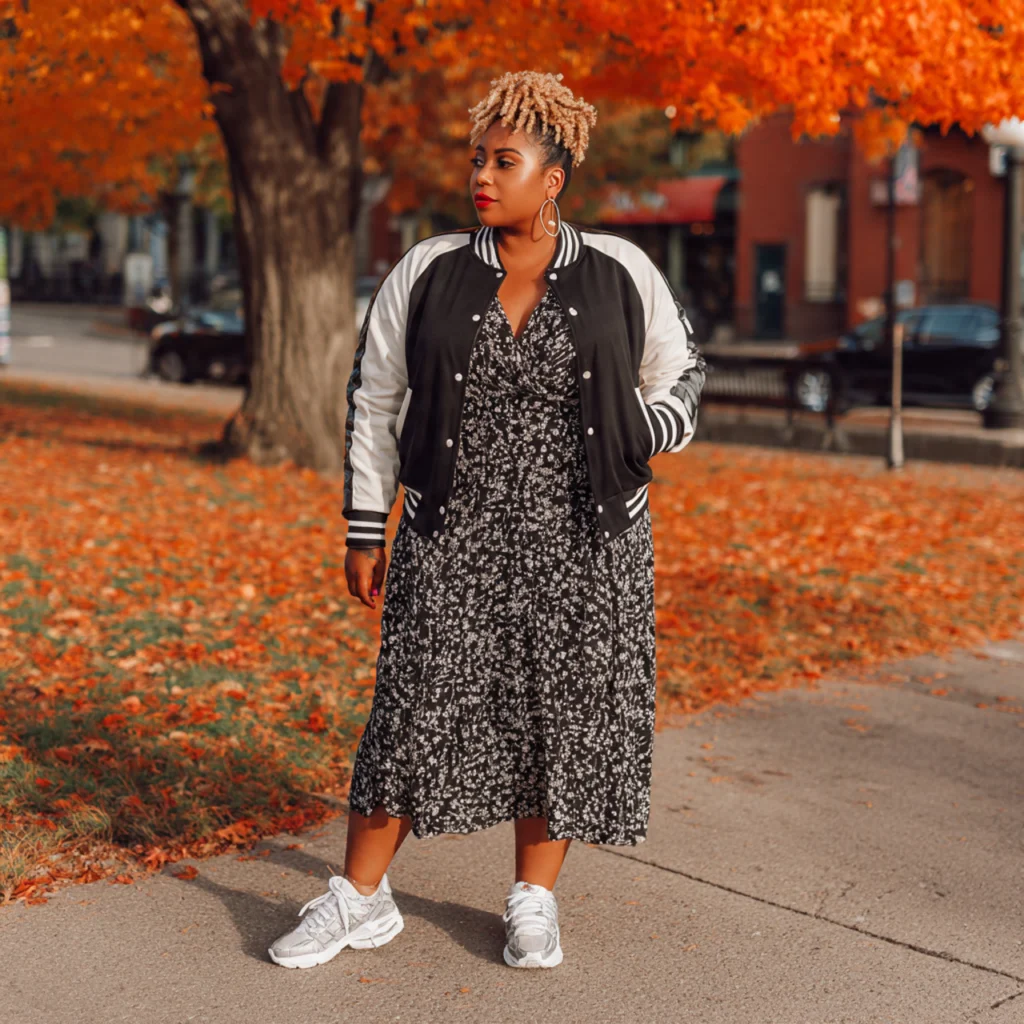 20 Best Curvy Fall Outfits to Rock This Season 22 Curvy Fall Outfits: Varsity Jacket and Midi Dress