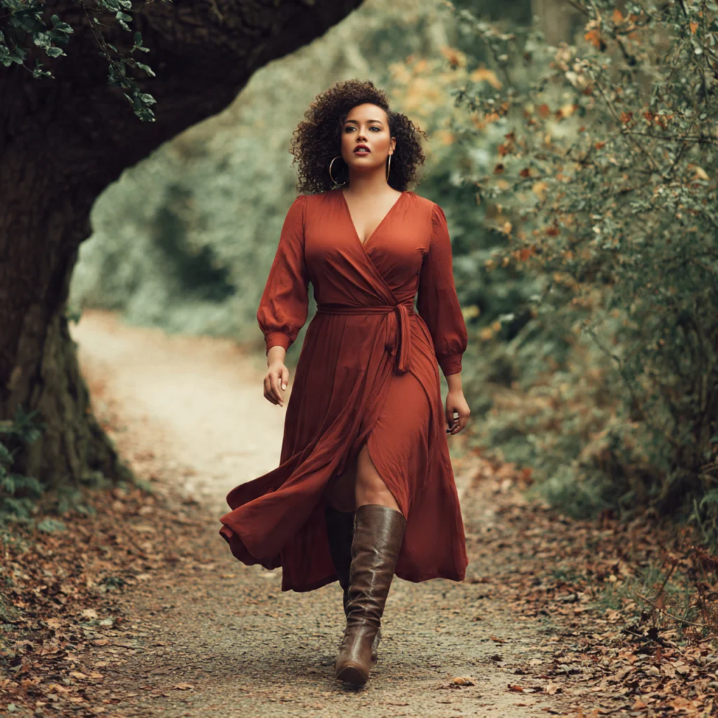 20 Best Curvy Fall Outfits to Rock This Season 3 Curvy Fall Outfits: Wrap Dress With Boots