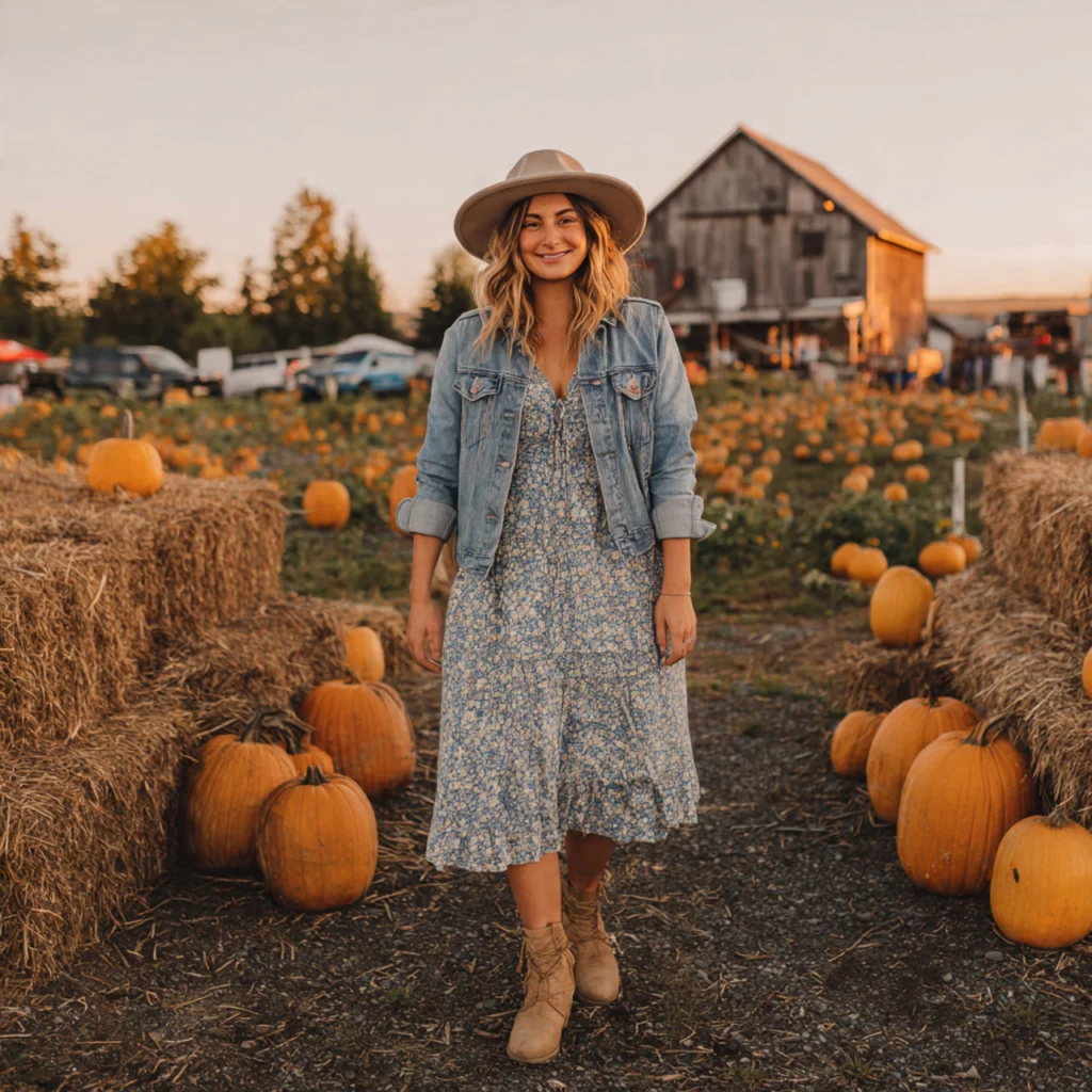 Denim Jacket with Dress and Boots