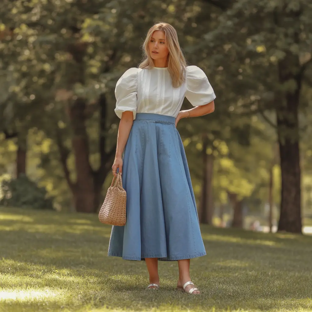 Denim Midi Skirt and Puff Sleeve Top