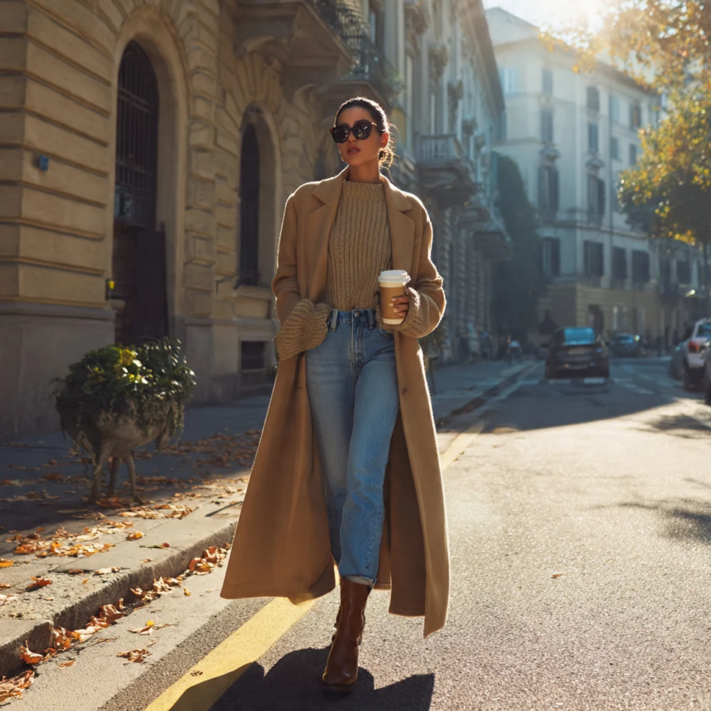 European Fall Outfits: Camel Coat with Denim and Knit