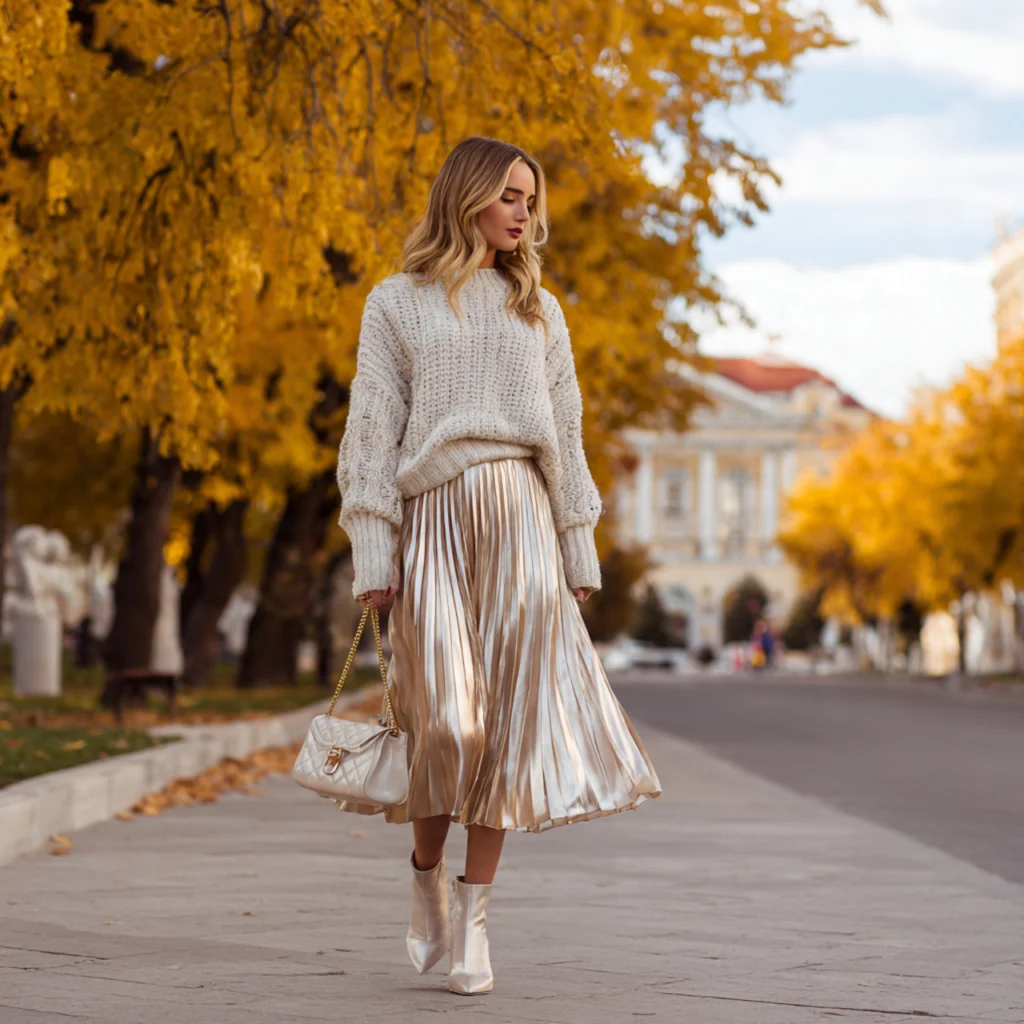 European Fall Outfits: Chunky Sweater and Pleated Midi Skirt