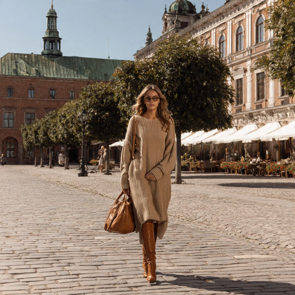 European Fall Outfits: Cozy Knit Dress and Tall Boots