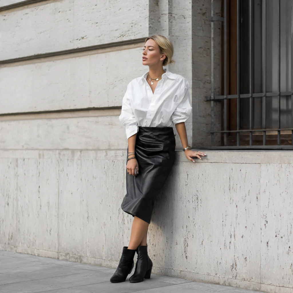 European Fall Outfits: Leather Midi Skirt and Oversized Shirt