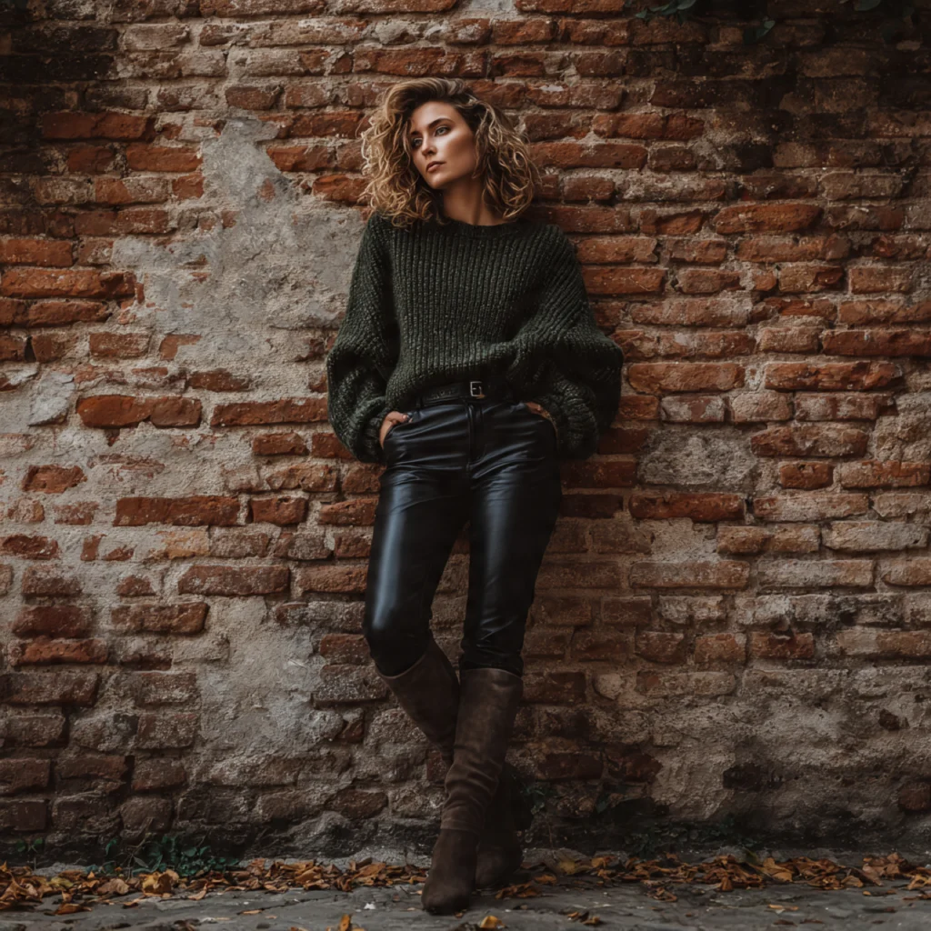European Fall Outfits: Oversized Sweater with Leather Leggings