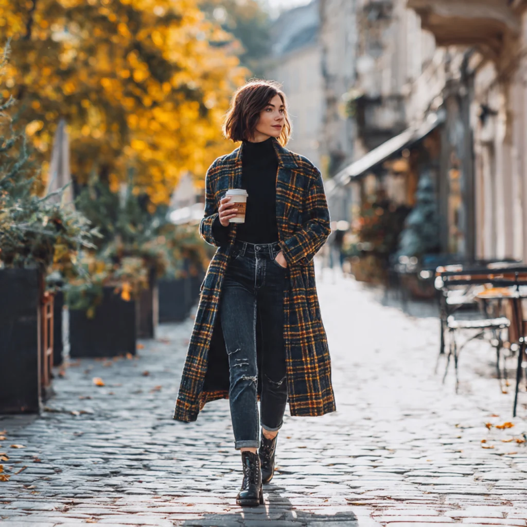 European Fall Outfits: Plaid Coat and Black Denim