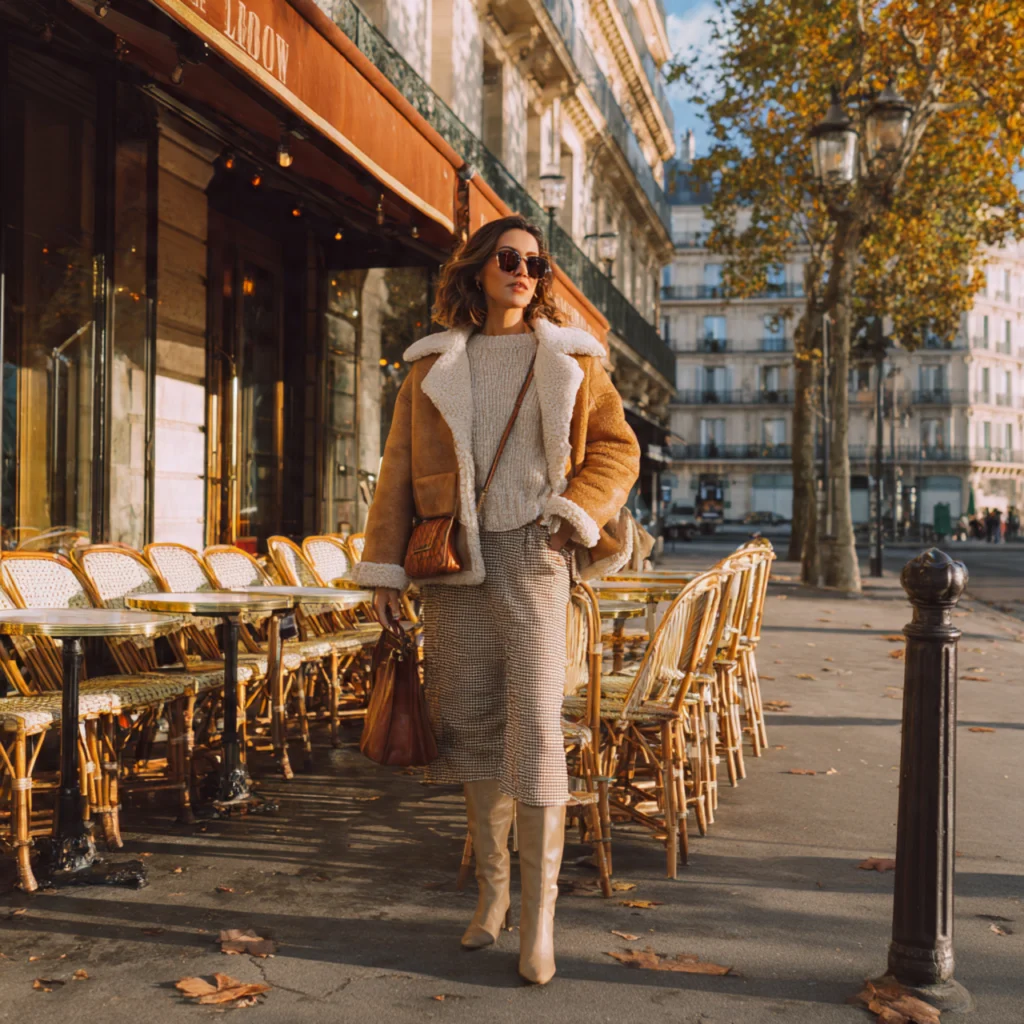 European Fall Outfits: Shearling Jacket and Midi Skirt