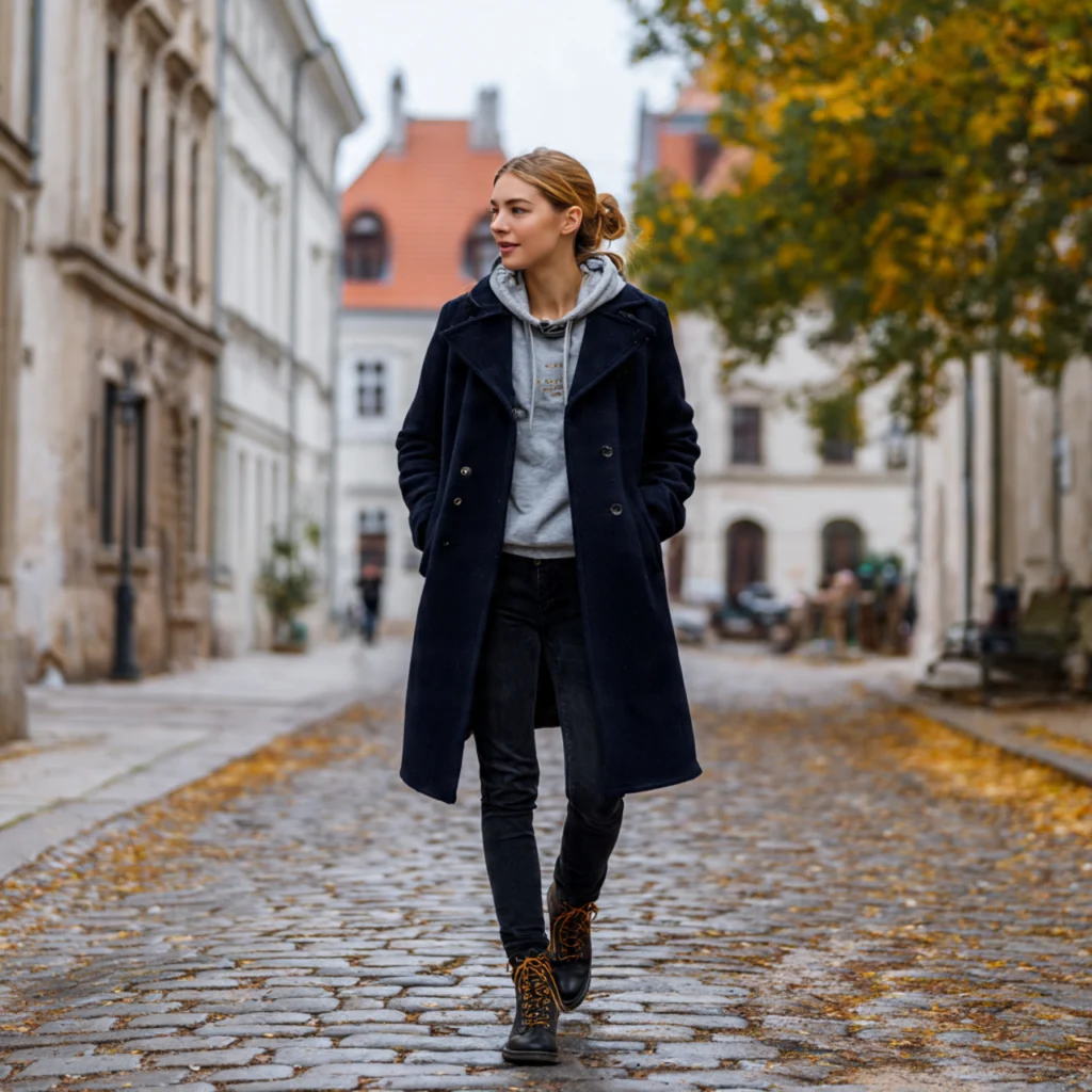 European Fall Outfits: Structured Coat and Hoodie Layer