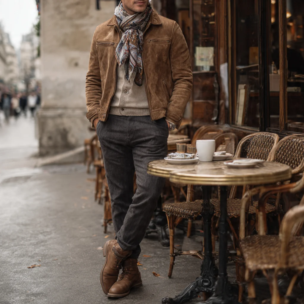 European Fall Outfits: Suede Jacket, Scarves and Wool Trousers