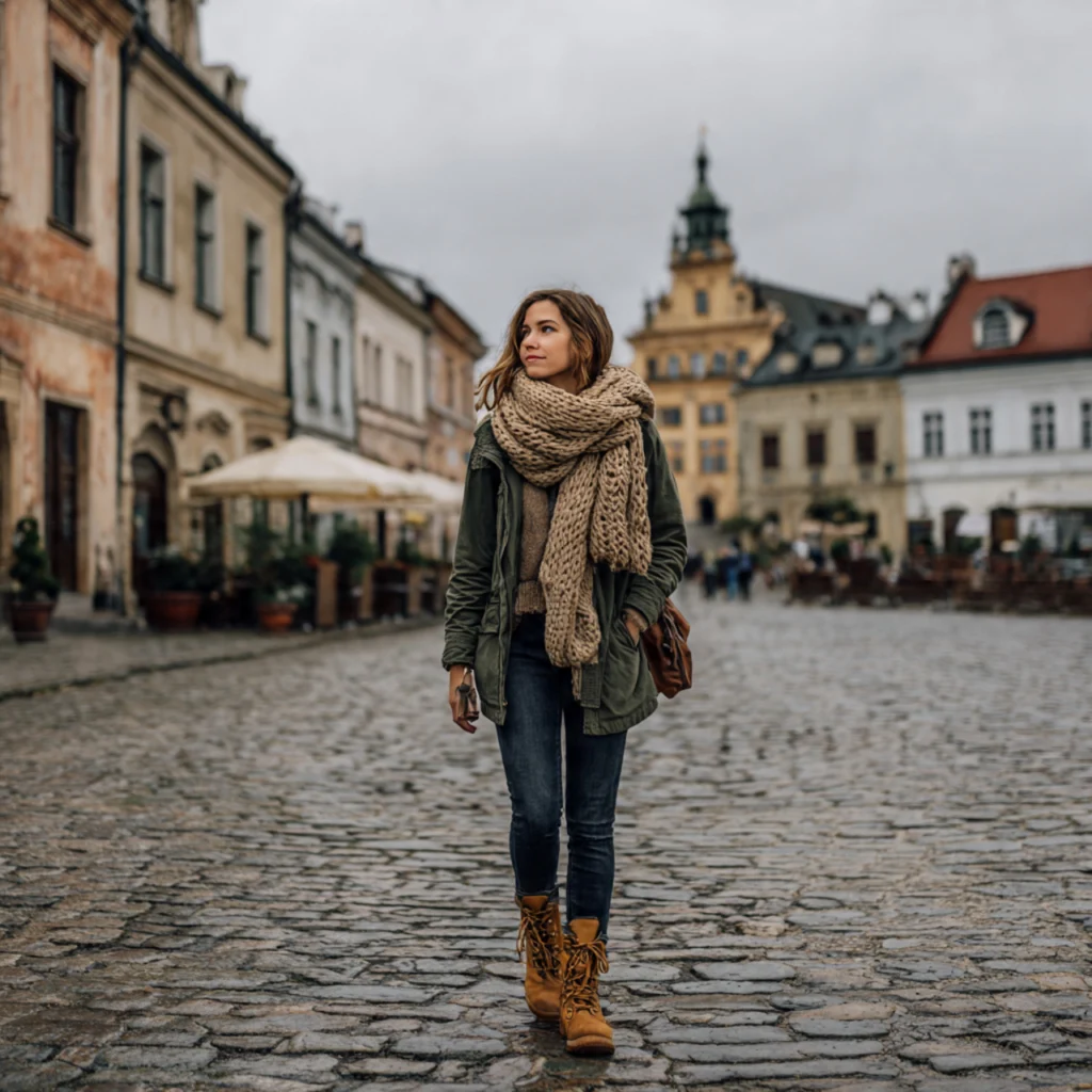 European Fall Outfits: Utility Jacket with Knit Scarf and Boots