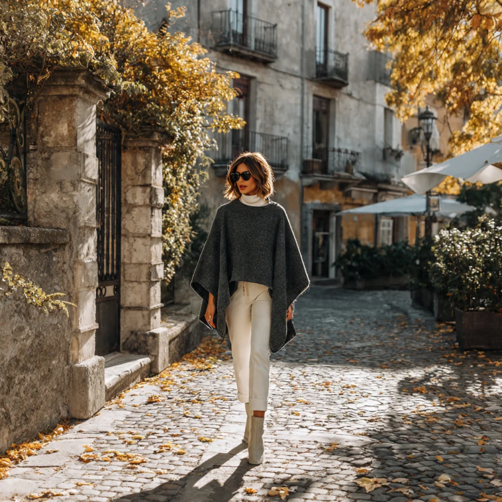European Fall Outfits: Wool Poncho and Turtleneck Combo