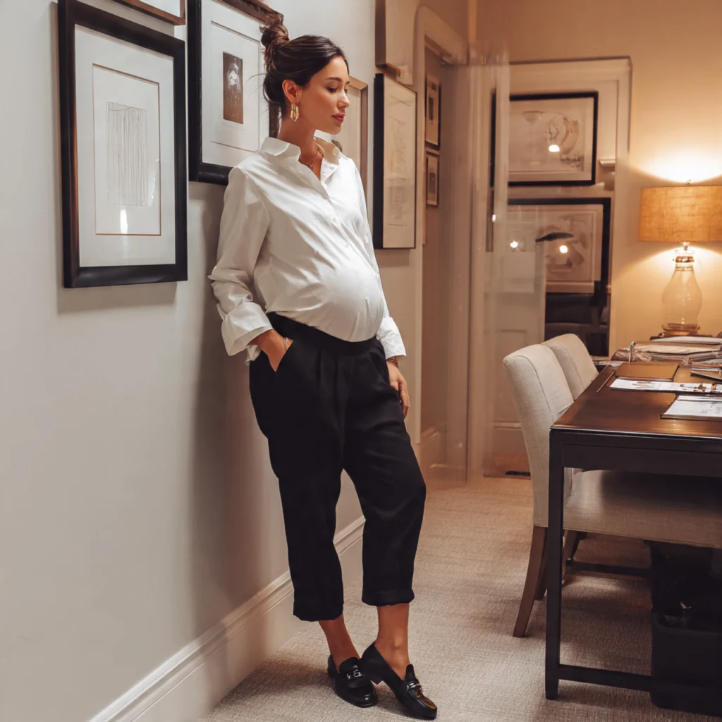 Fall Pregnancy Outfits with Button-Down Shirt and Tailored Trousers