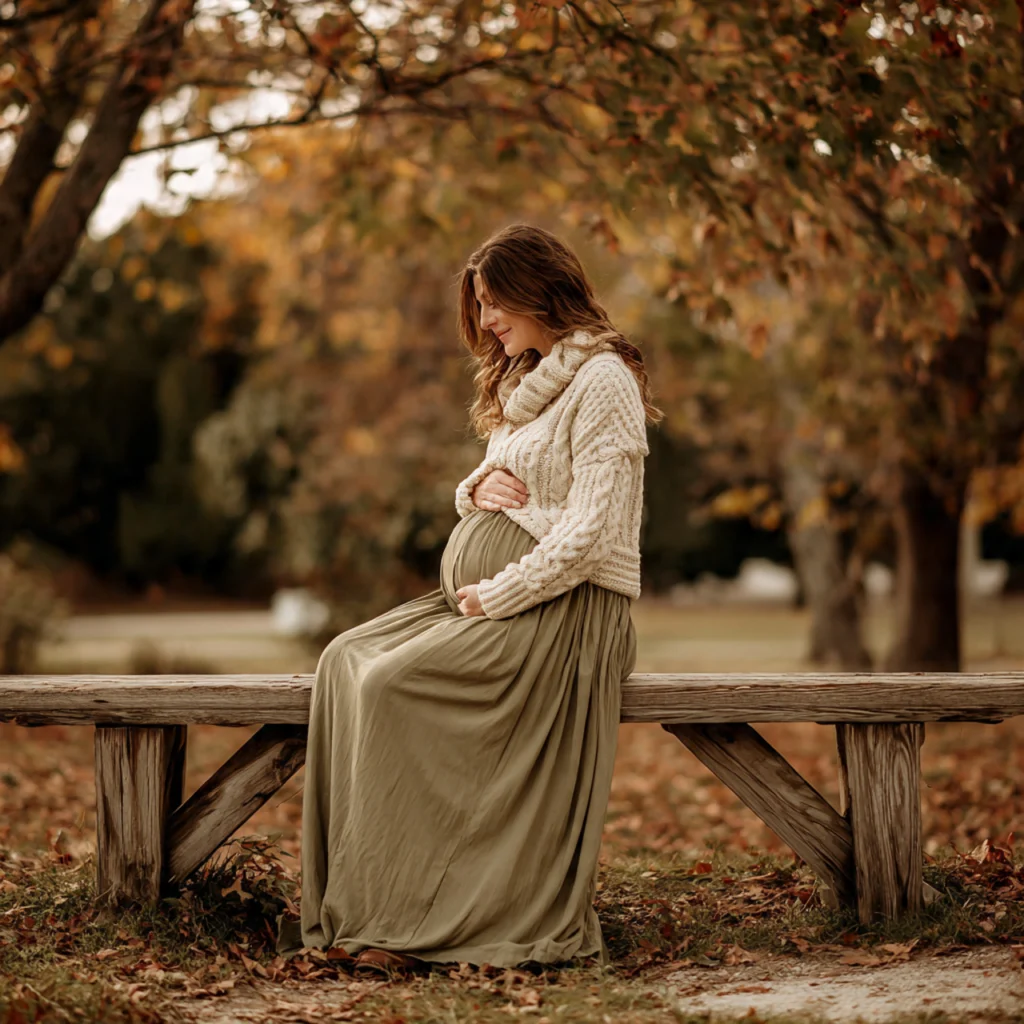 Fall Pregnancy Outfits with Cable-Knit Sweater and Maxi Skirt