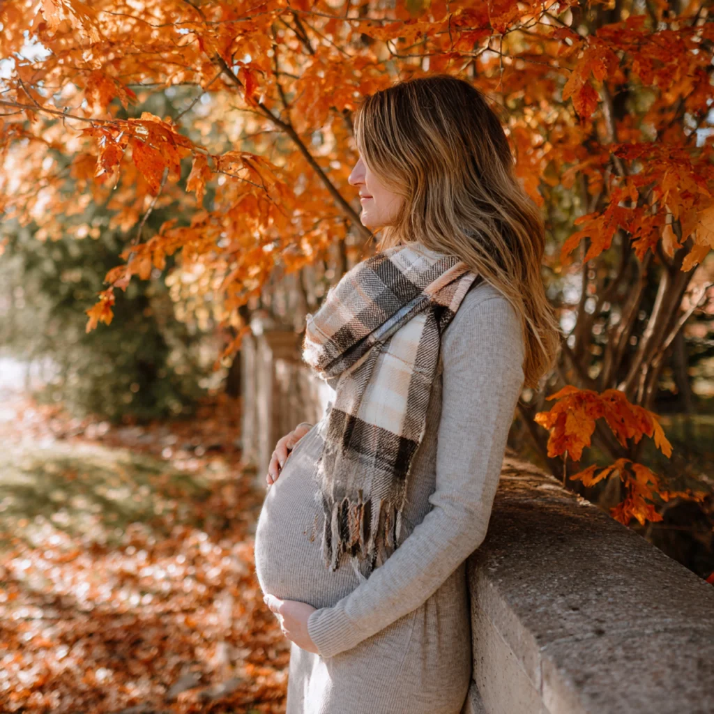 Fall Pregnancy Outfits with Chunky Knit Scarf and Simple Dresses
