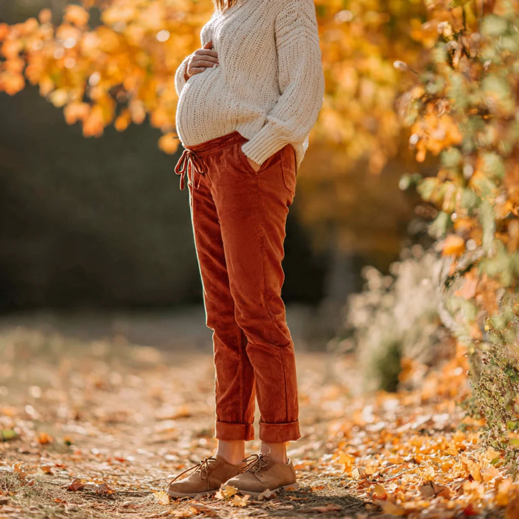 Fall Pregnancy Outfits with Corduroy Pants and Knit Top