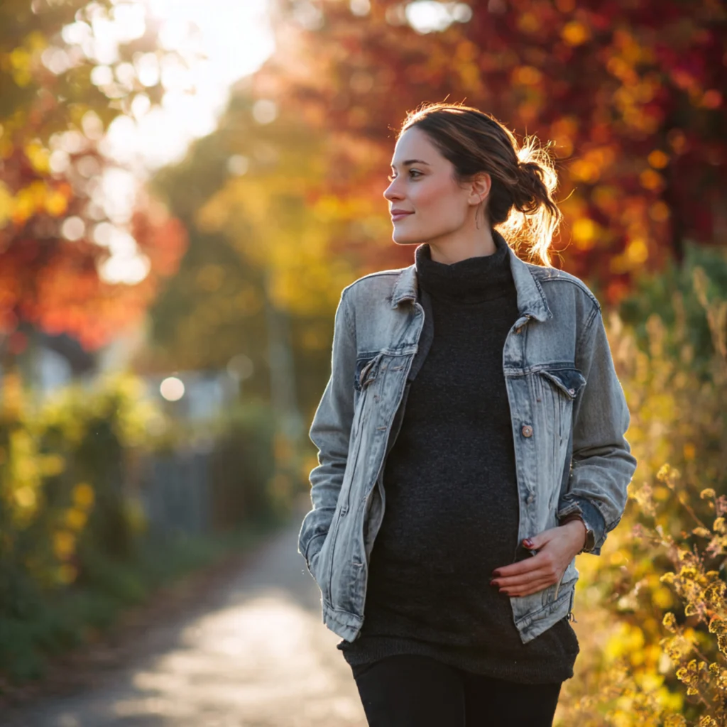 Fall Pregnancy Outfits with Denim Jacket Layering