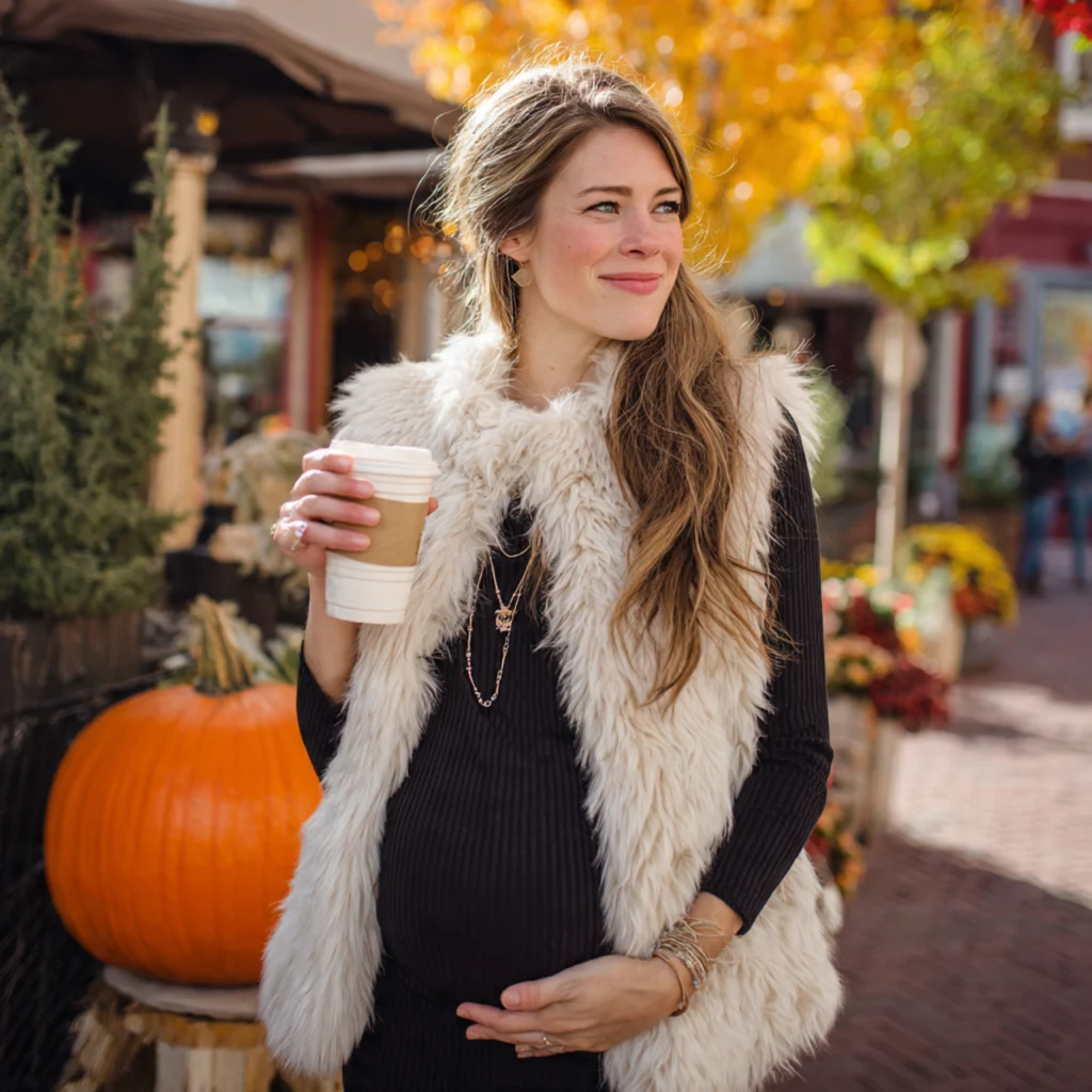 Fall Pregnancy Outfits with Faux Fur Vest and Leggings