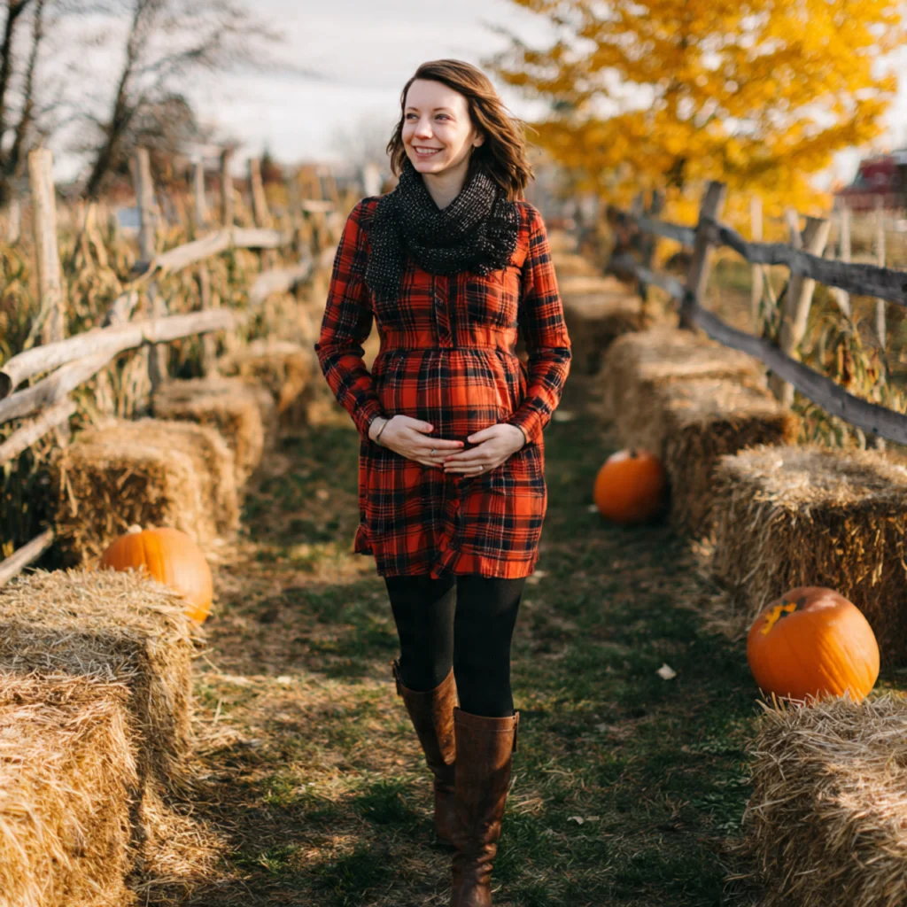 Fall Pregnancy Outfits with Flannel Shirt Dress and Tall Boots