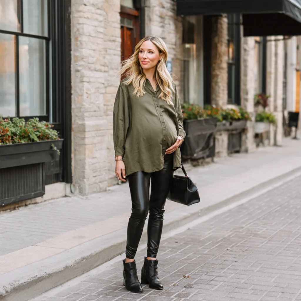 Fall Pregnancy Outfits with Leather (Veg) Faux Legging and Overshirt