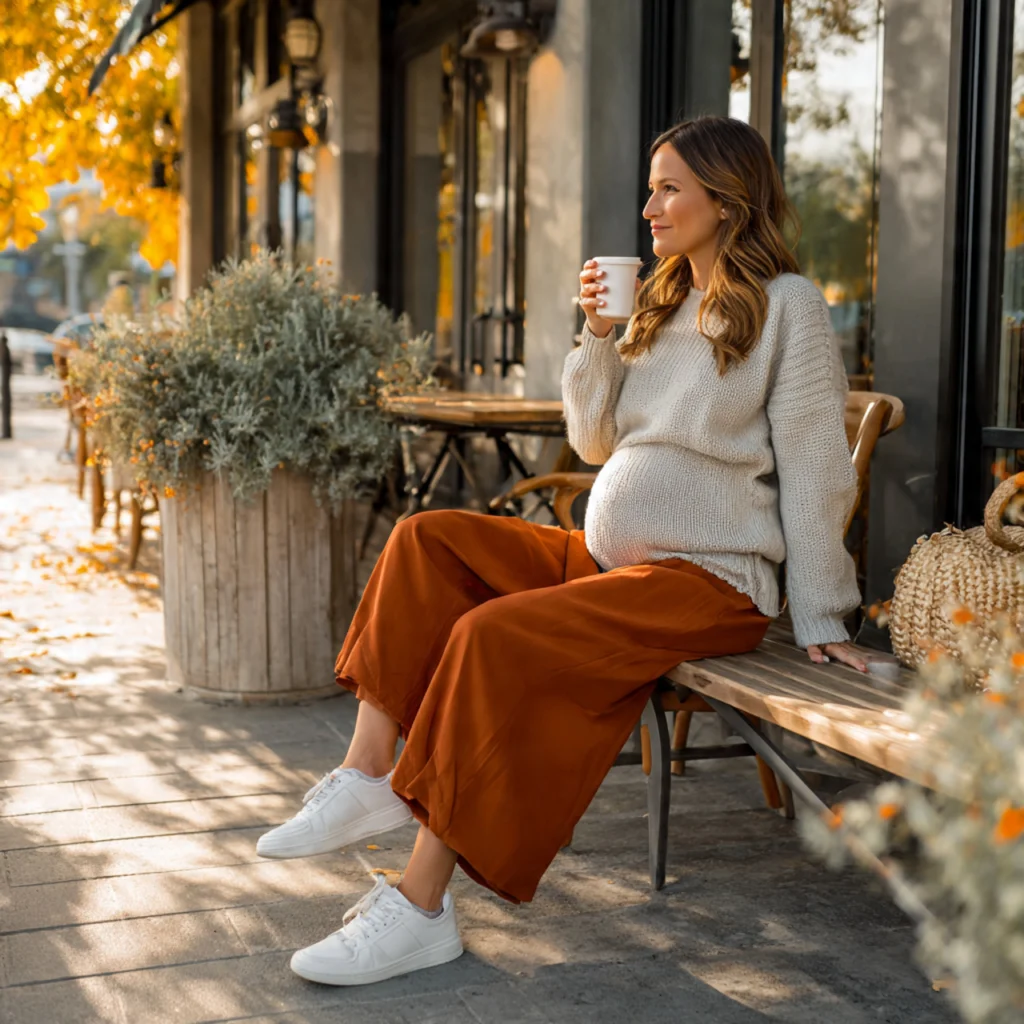 Fall Pregnancy Outfits with Maternity Culottes and Soft Sweater