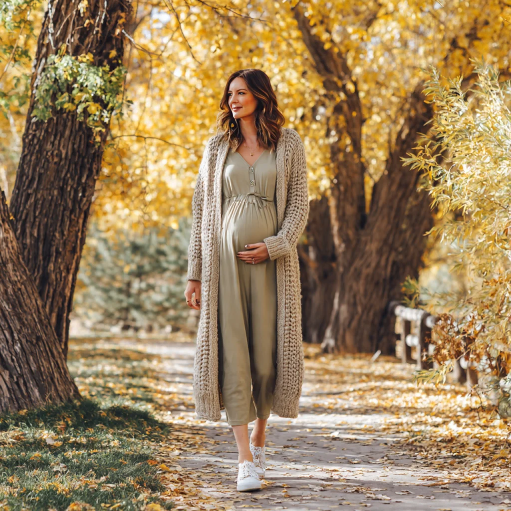 Fall Pregnancy Outfits with Maternity Jumpsuit and Long Cardigan