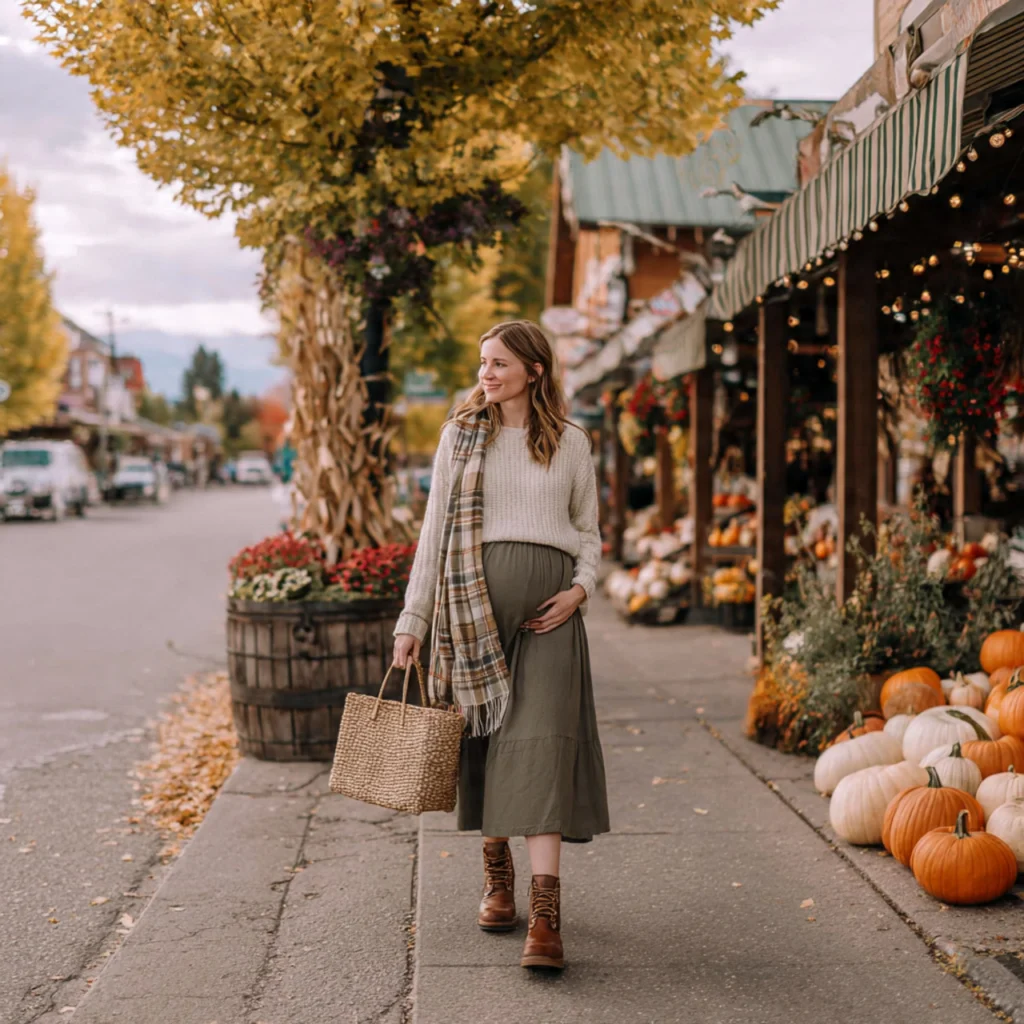 Fall Pregnancy Outfits with Maternity Midi Skirt and Chunky Boots