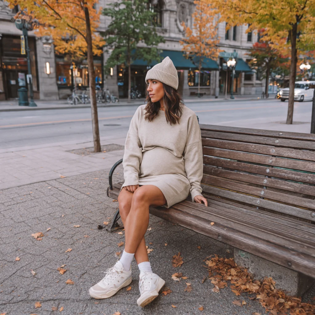 Fall Pregnancy Outfits with Maternity Sweatshirt Dress and Sneakers