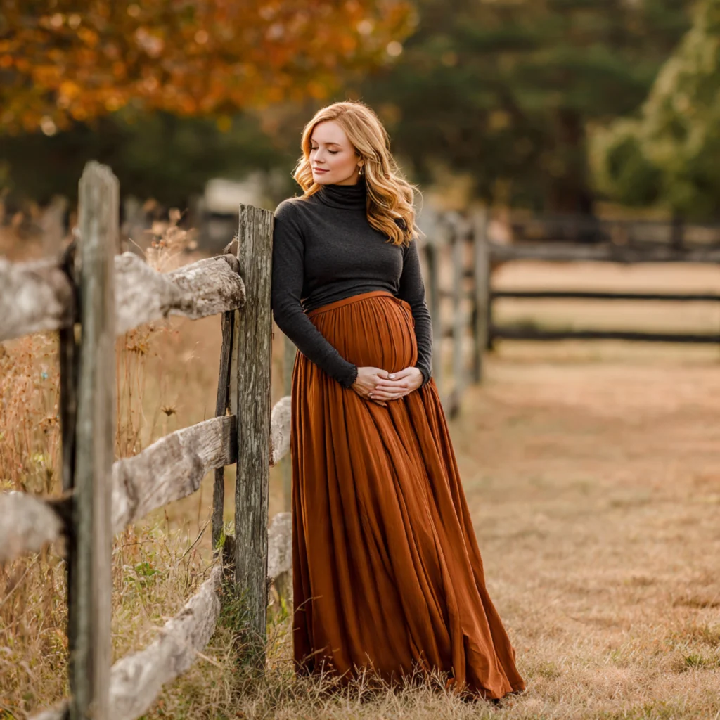 Fall Pregnancy Outfits with Mock-Neck Top and Maxi Skirt