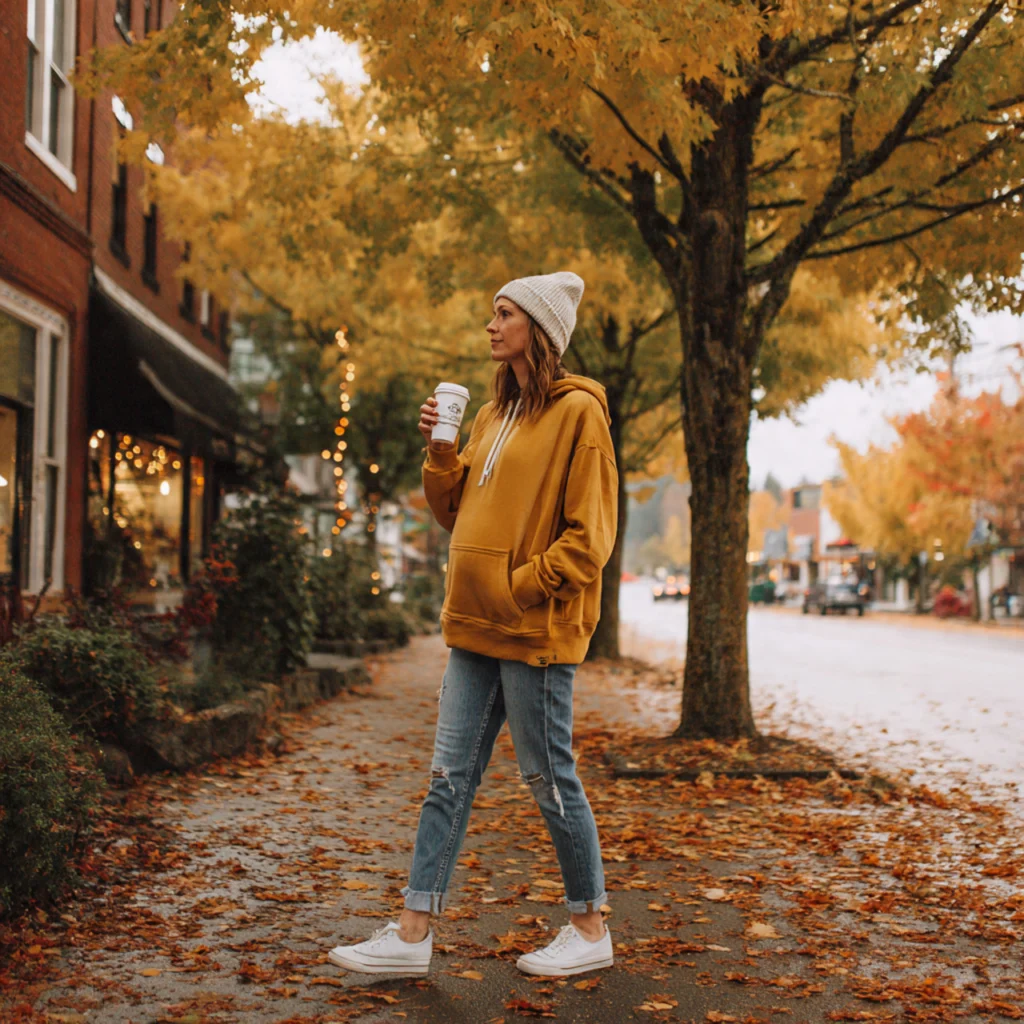 Fall Pregnancy Outfits with Oversized Hoodie and Maternity Jeans