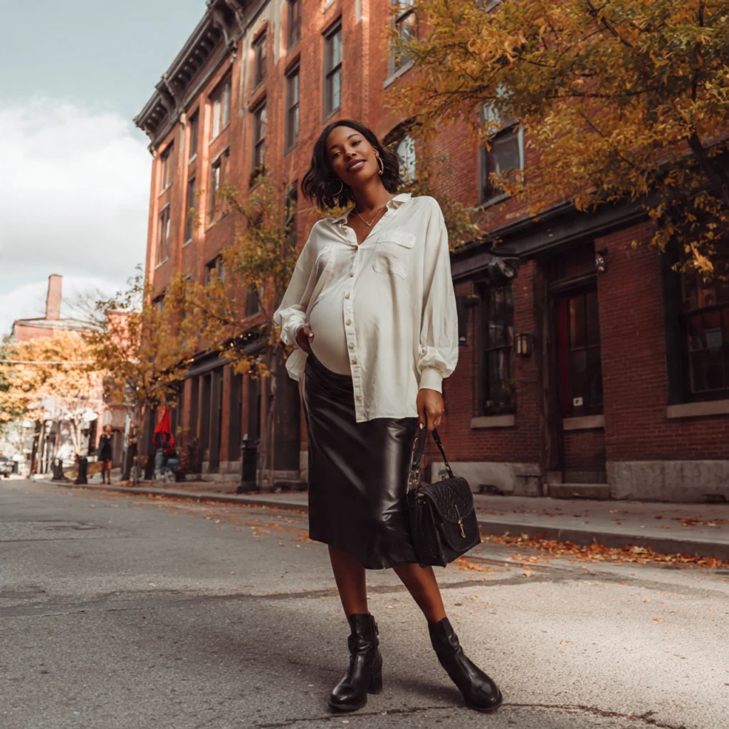 Fall Pregnancy Outfits with Oversized Shirt and Maternity Leather Skirt