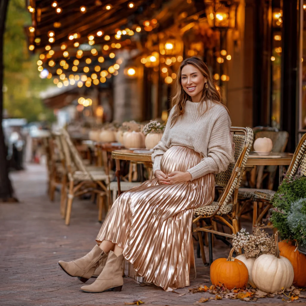 Fall Pregnancy Outfits with Pleated Skirt and Maternity Sweater