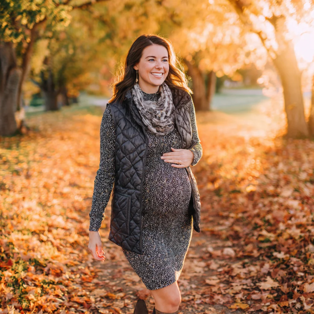 Fall Pregnancy Outfits with Puffer Vest and Long Sleeve Dress