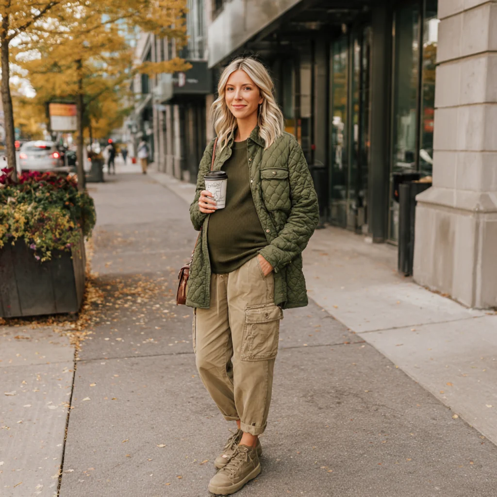 Fall Pregnancy Outfits with Quilted Shirt Jacket and Maternity Cargo Pants