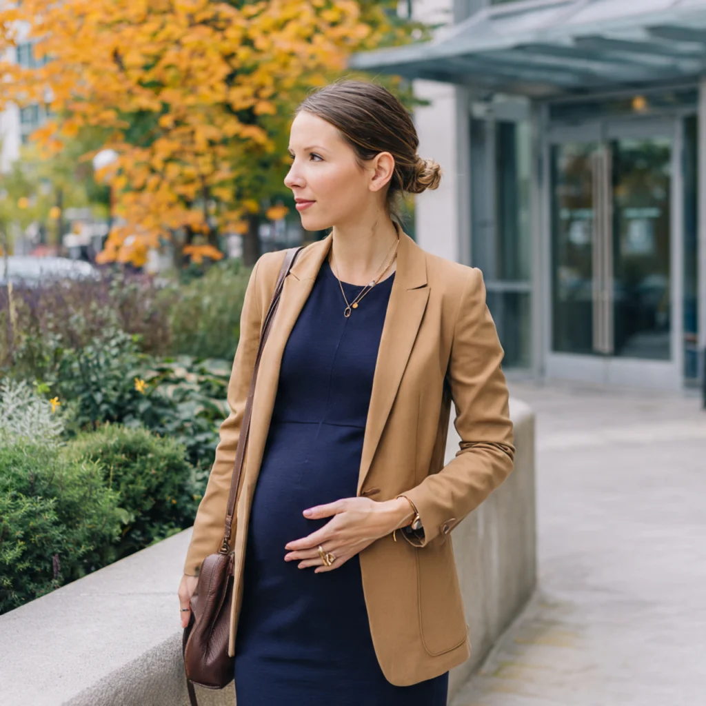 Fall Pregnancy Outfits with Shift Dress and Longline Blazer