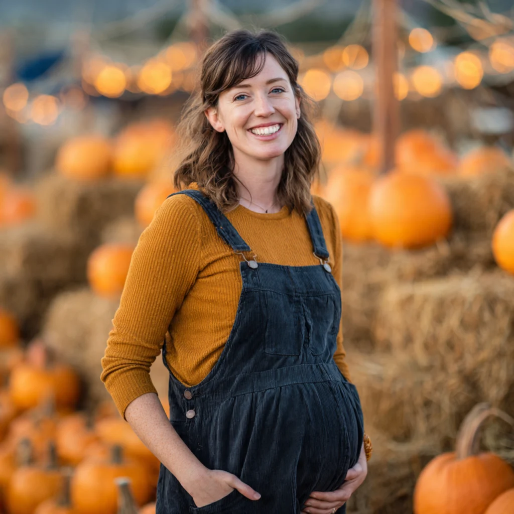 Fall Pregnancy Outfits with Thermal Top and Maternity Dungarees