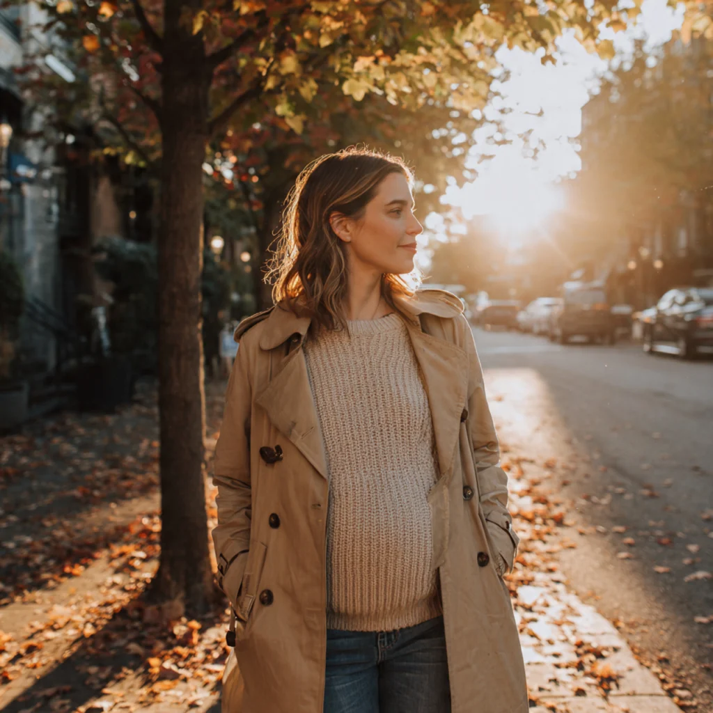 Fall Pregnancy Outfits with Trench Coat and Maternity Jeans