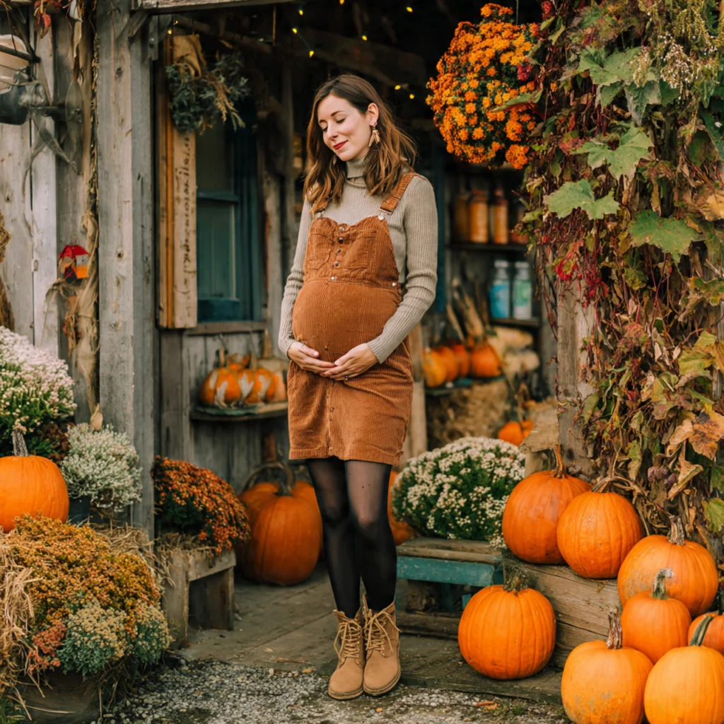 Fall Pregnancy Outfits with Turtleneck and Pinafore Dress