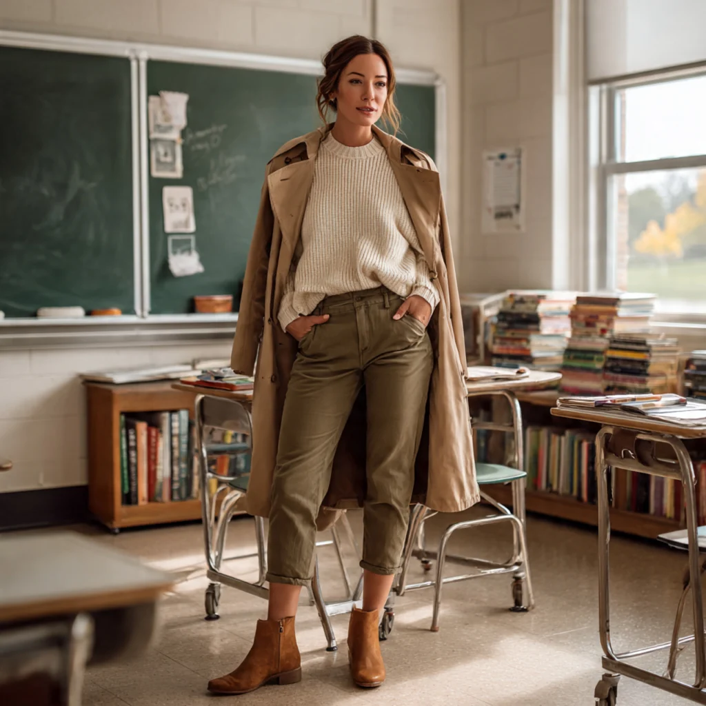 25 Best Fall Teacher Outfits for Comfort and Classroom Style 11 Fall Teacher Outfits with Ankle Boots and Chinos