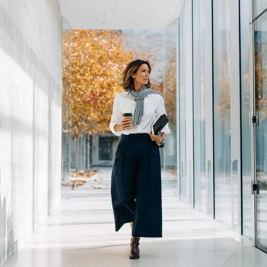 25 Best Fall Teacher Outfits for Comfort and Classroom Style 23 Fall Teacher Outfits with Blouse and Tailored Culottes