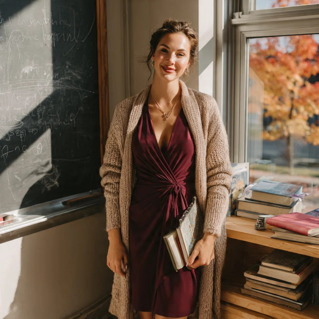 25 Best Fall Teacher Outfits for Comfort and Classroom Style 22 Fall Teacher Outfits with Cable-Knit Sweater and Pencil Skirt