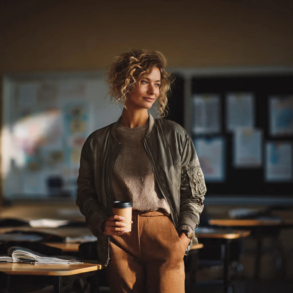 25 Best Fall Teacher Outfits for Comfort and Classroom Style 19 Fall Teacher Outfits with Casual Jacket and Knit Pants