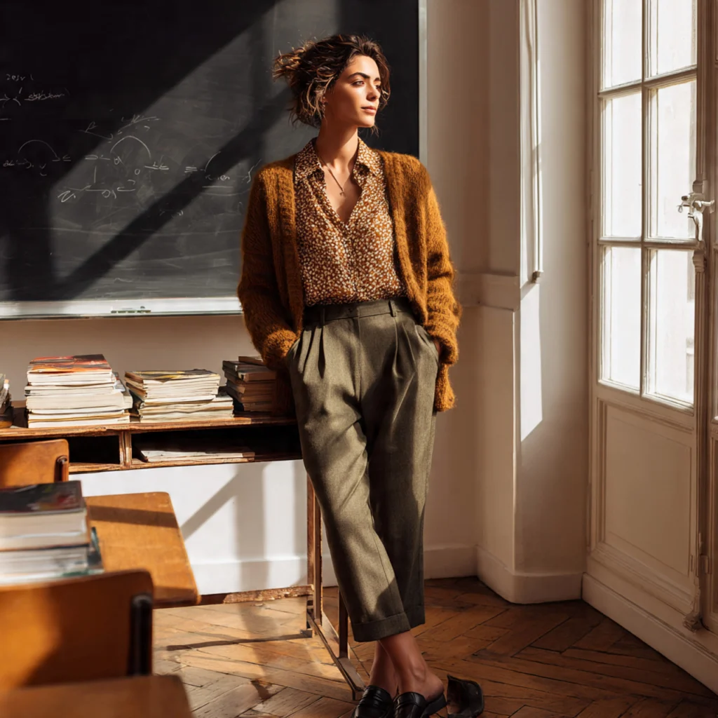 25 Best Fall Teacher Outfits for Comfort and Classroom Style 1 Fall Teacher Outfits with Earth-Tone Cardigans