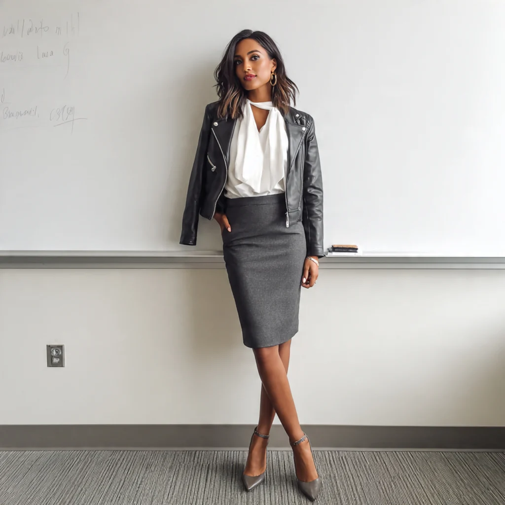 25 Best Fall Teacher Outfits for Comfort and Classroom Style 14 Fall Teacher Outfits with Leather Jacket and Pencil Skirt