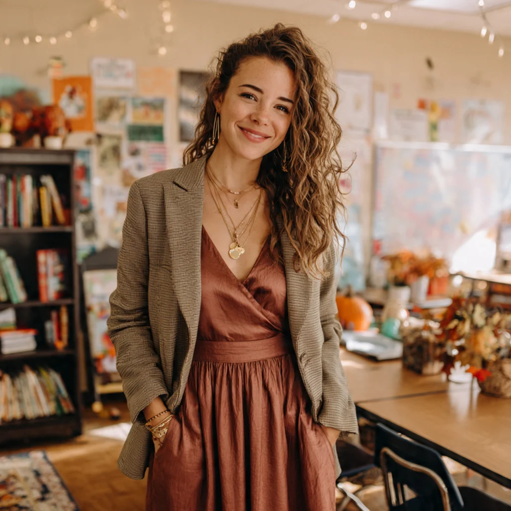 25 Best Fall Teacher Outfits for Comfort and Classroom Style 16 Fall Teacher Outfits with Midi Dress and Blazer