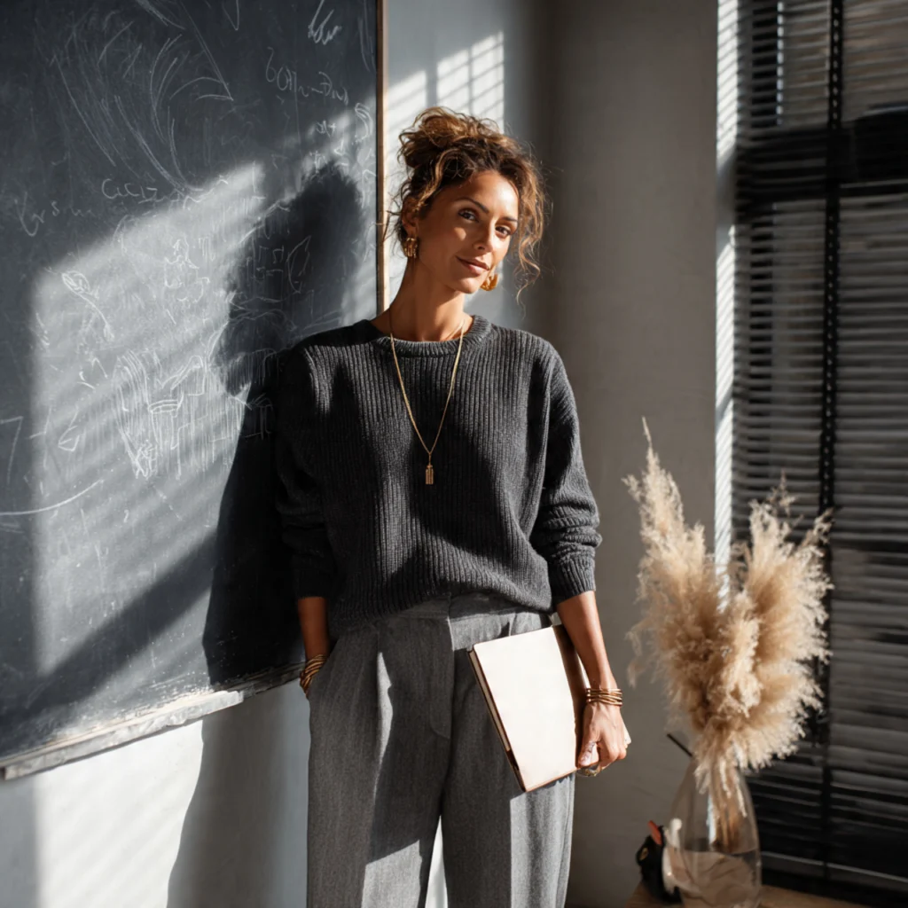 25 Best Fall Teacher Outfits for Comfort and Classroom Style 25 Fall Teacher Outfits with Monochrome Neutrals and Metallic Accent