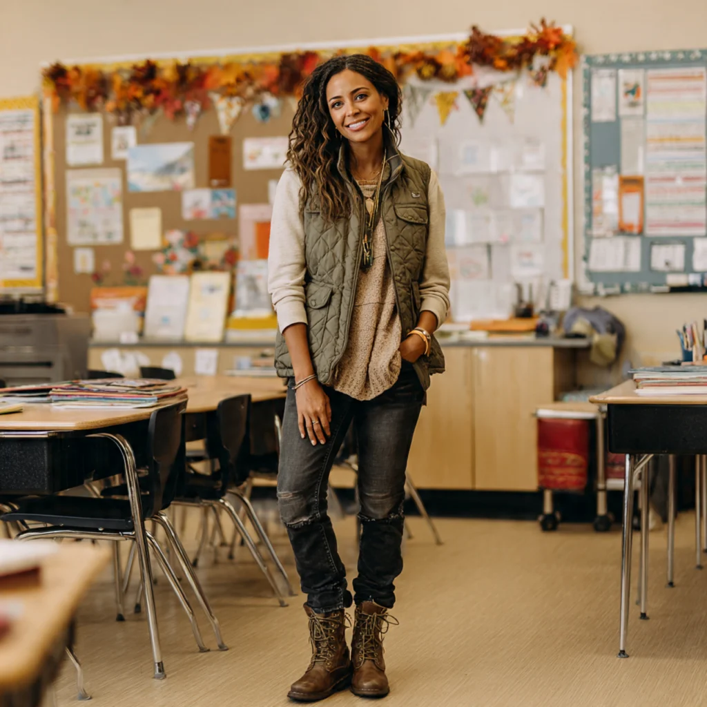 25 Best Fall Teacher Outfits for Comfort and Classroom Style 24 Fall Teacher Outfits with Quilted Vest and Long-Sleeve Shirt