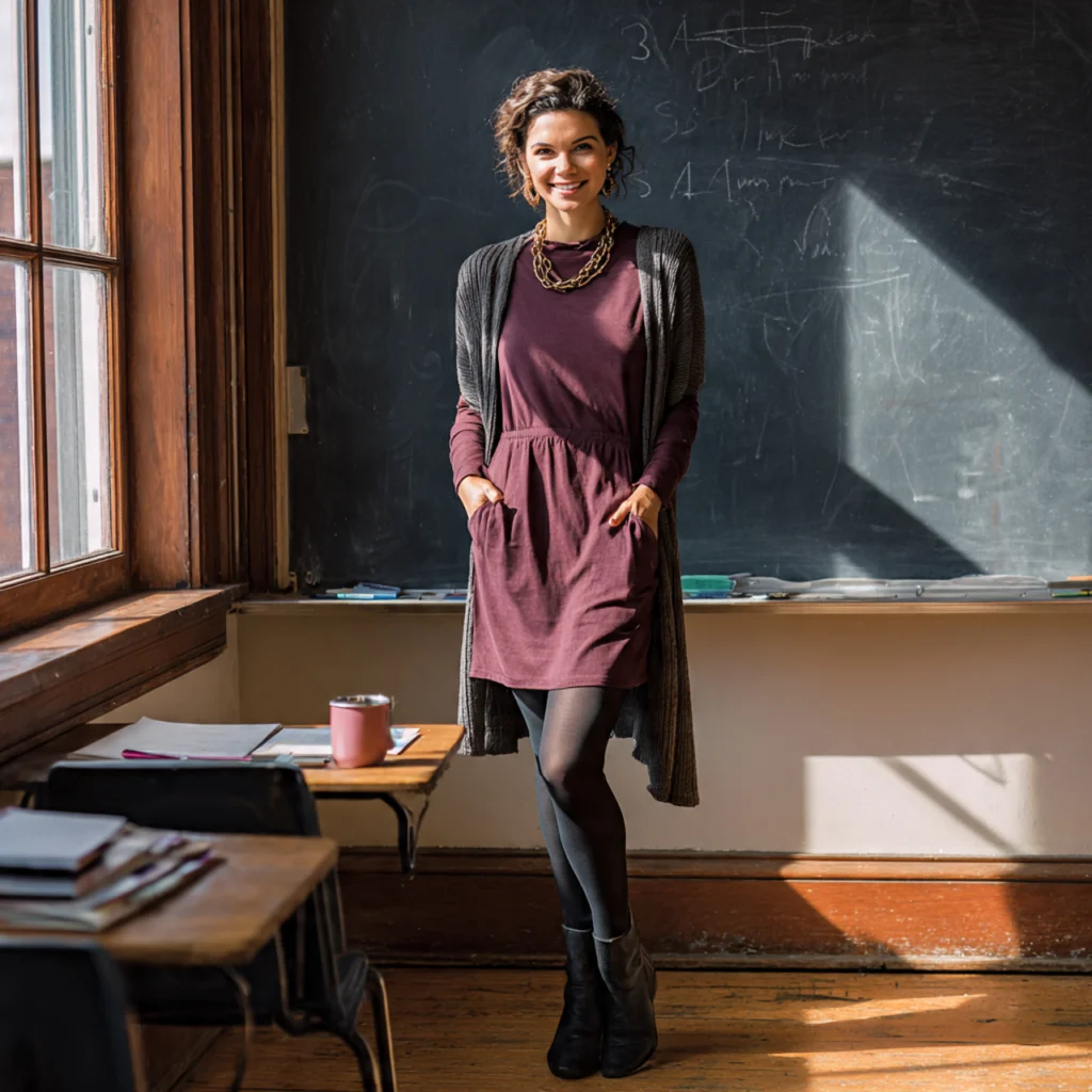 25 Best Fall Teacher Outfits for Comfort and Classroom Style 27 Fall Teacher Outfits with Shift Dress and Tights