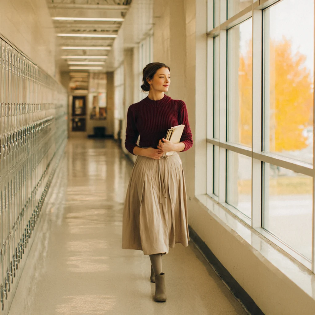25 Best Fall Teacher Outfits for Comfort and Classroom Style 13 Fall Teacher Outfits with Sweater and Pleated Skirt